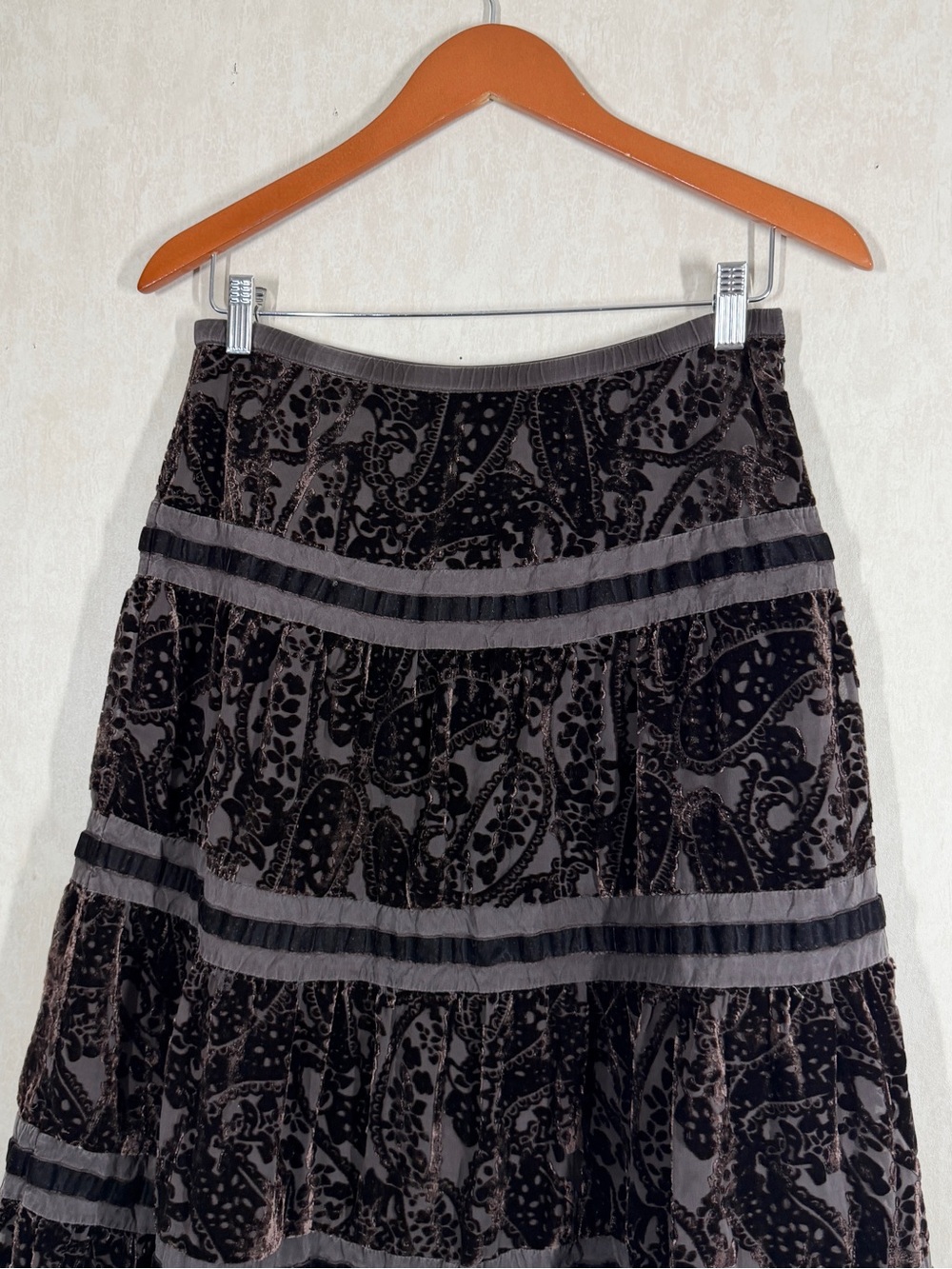 Garnet Hill Black Velvet Burnout Tiered Midi Skirt with Gray Bands - Picture 3 of 12